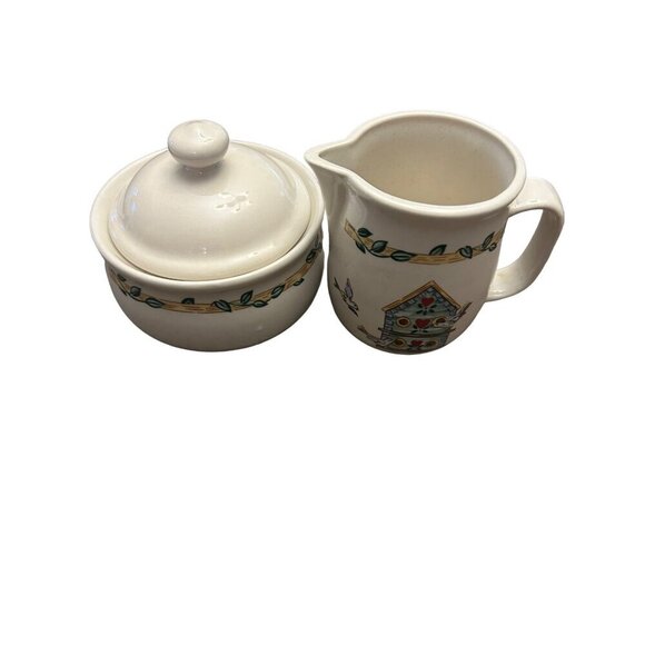 Vintage Thompson Pottery Ceramic Creamer & Sugar Bowl Set Birdhouse Design - Picture 1 of 10